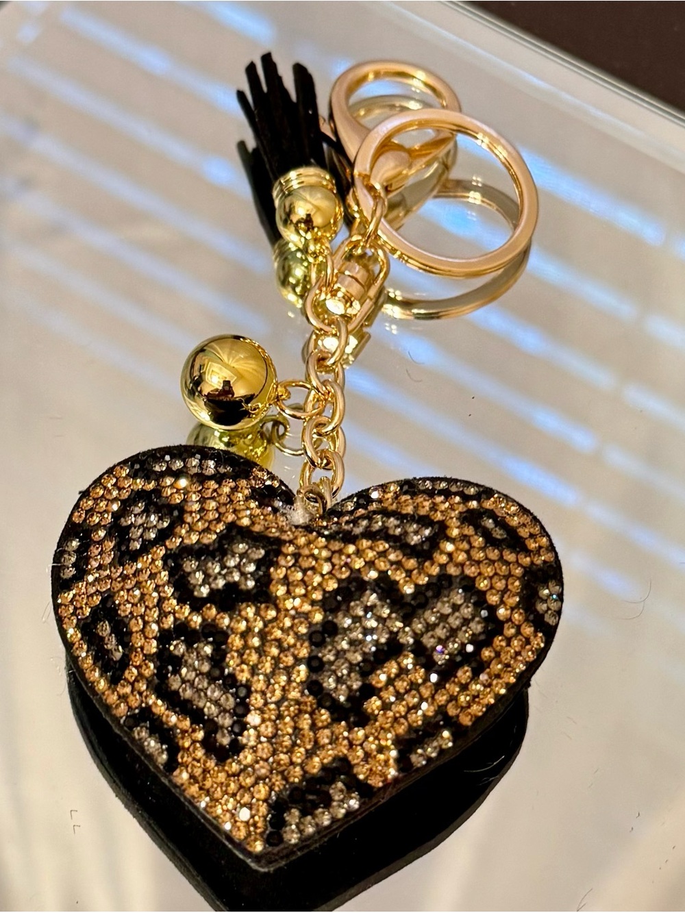 Leopard Crystal Heart Keychain - Gold and Black Accent